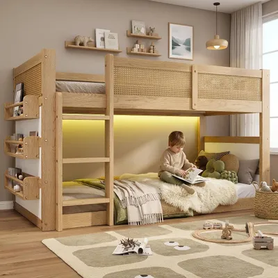 Produktbild von Hochbett, Etagenbett, Kinderbett, Dreistufige Treppe, mit Ablage und LED-Lichtleiste, Umzäunung an allen Seiten, Kiefer+MDF+Kunstgeflecht, Natur+Weiß, 90x200cm