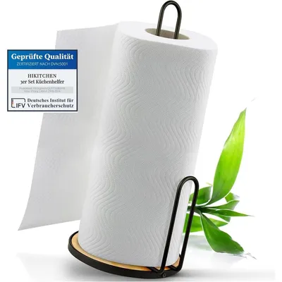 Produktbild von Stehender Küchenpapierhalter - Küchenpapierrolle - Stahl mit Bambusfuß - Schwarz