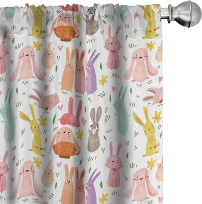 Produktbild von ABAKUHAUS Hase Vorhänge, Gardinen, Nette und lustige Kinder Tiere mit Blumen Bunte Kaninchen-rosa Herzen und Blättern, 2 Stück 75 x 175 cm, Mehrfarbig