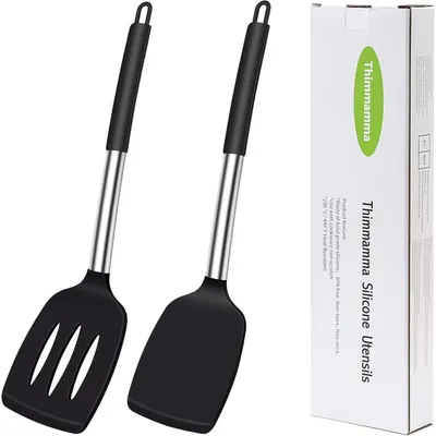 Immagine prodotto di Set da 3 spatole in silicone, forate, resistenti al calore, senza BPA, lavabili in lavastoviglie, colore nero