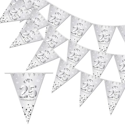 Produktbild von Girlande Banner 25. Silberhochzeit Wimpelkette 4,7m Silber/Weiß Papier
