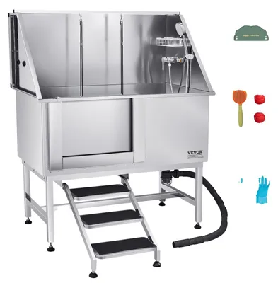 Produktbild von VEVOR Edelstahl Hundewaschstation, 127 cm Haustierpflegebadewanne mit Rampe, PE Wasserfilterplatte, Wasserhahn & Duschkopf & Seifenhalter Hundebadewanne für große, mittlere und kleine Haustiere (Linke Tür), Treppen-Links