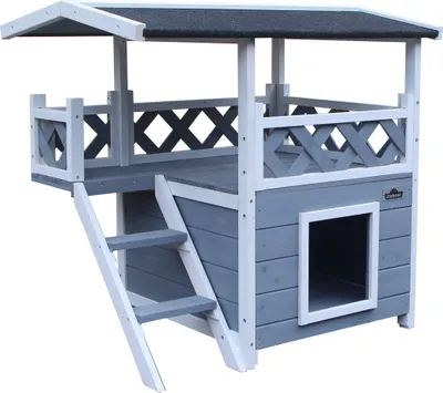 Produktbild von Dehner Lieblinge Katzenhaus Chalet, 2-stöckig, ca. 78 x 55 x 73 cm, Tannenholz/Bitumen, dunkelgrau/weiß