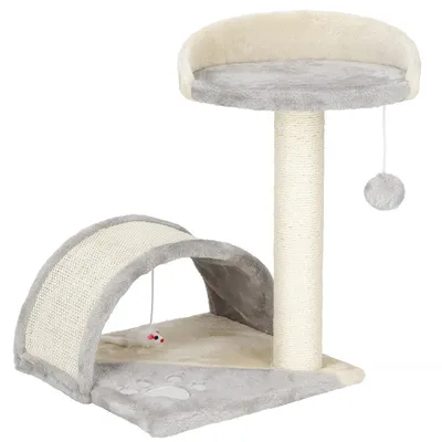A cat tree with a platform, scratching post, bridge, and toys.