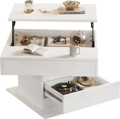 Immagine prodotto di Tavolino da caffè geometrico 70×70×45 cm, piano superiore ruotabile a 360°, tavolino sollevabile con 1 cassetto, tavolino da salotto con vano portaoggetti nascosto,