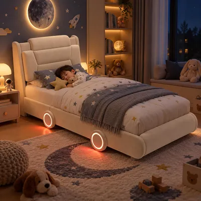 Obrázek produktu pro Dětská postel s polstrováním, rozměry 90 x 200 cm, postel ve tvaru auta s LED osvětlením, opěrka hlavy s možností nastavení výšky ve dvou polohách a flanelovým potahem, barva béžová, do dětského pokoje