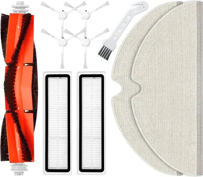 A collection of robot vacuum cleaner replacement parts laid out on a white background.