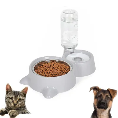 Futter- und Wasserspender für Hunde und Katzen, 2-in-1, mit 500 ml Flasche, grau