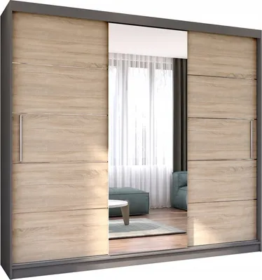 Produktbild von Easy4You Astra Grau/Sonoma Schiebetürenschrank Kleiderschrank 233x218x61 cm mit Spiegel - Schlafzimmermöbel, Aufbewahrung – Mehrzweckschrank mit 2 Kleiderstangen
