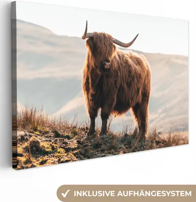 Produktbild von MuchoWow® - Leinwandbilder - Schottische Highlander - Tiere - Ländlich - Landschaft - Kuh - Natur, Wandbild, Wanddeko Bilder Wohnzimmer, 120x80 cm