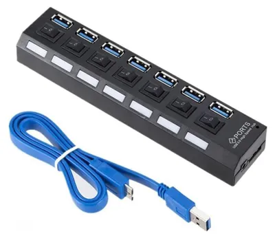 Produktbild von 7-Port USB 3.0 HUB Verteiler mit Einzelschaltern, High-Speed USB3.0+6xUSB2.0, DC Stromversorgung, OTG kompatibel für PC, Laptop, Tablet, Mac