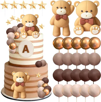 Image de Kit de décoration pour gâteaux sur le thème de l'ours, comprenant 27 pièces, avec des étoiles, idéal pour les fêtes d'anniversaire