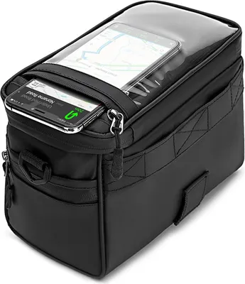 Imagen del producto de Bolsa para bicicleta, bolsa para manillar de bicicleta con cierre impermeable, bolsa para manillar de bicicleta con correa para el hombro, bolsas para bicicletas, aptas para bicicletas de carretera, bicicletas de montaña, ciclismo y viajes (negra)