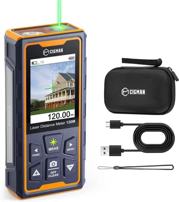 A laser distance meter and its accessories are displayed on a white background.