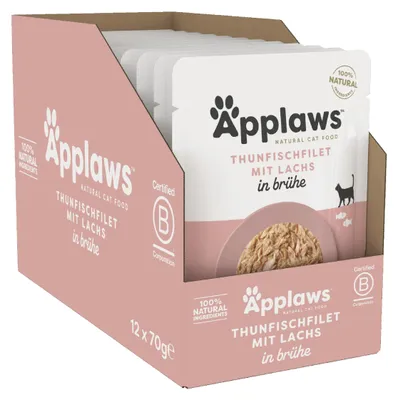 Productafbeelding van Applaws Natuurlijk natvoer voor katten, in zakjes, tonijn met zalm in bouillon