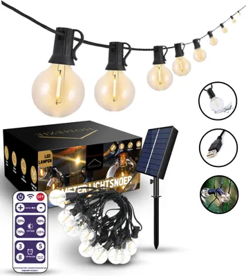 Produktbild von Homezie Solarbetriebene Lichterkette - 10 Meter - 20 LED-Glühbirnen - Gartenbeleuchtung - Stachelschnur - Birnengirlande