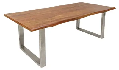 Image de Table de salle à manger ARKAYA 180 cm en bois massif d'acacia et acier inoxydable – Plateau bord naturel