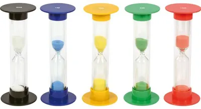 Obrázok produktu pre EDUPLAY 120601 Presýpacie hodiny veľké, Ø 5,5 cm, výška 15 cm, 30 sekúnd, 1, 3, 5, 10 minút, viacfarebné, 5 kusov (1 sada)