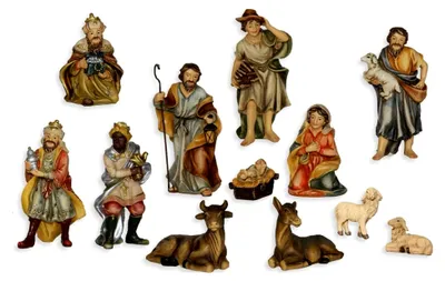 Produktbild von Krippenfiguren Set Johannes - 12-teilig, Maßstab 10 cm, Jesusfamilie, Hirten, Heilige Drei Könige und Tiere. Figurenhöhe: ca. 6 cm