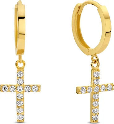 Produktbild von New Bling 9NBG-0760 Goldohrringe mit Kreuz - Ohrringe - Zirkonia - 14 Karat - 12mm Durchmesser - 1,5mm breit - Kreuz - 12x8mm - Scharnier - Gold