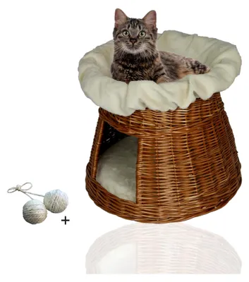 Produktbild von Katzenturm mit Höhle und Liegedach als Rückzugsort | Katzenkorb aus Weide | Katzenkorb zum Schlafen | Geflochtenes Katzenhaus | Katzentonne und Katzenbett Höhle