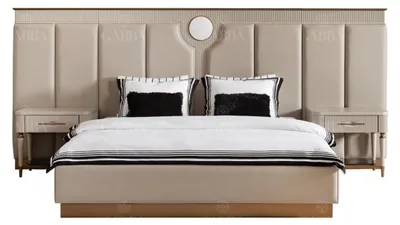 Produktbild von Garnitur Schlafzimmer Doppelbett Bett Nachttische Set 3tlg Beige Stoff