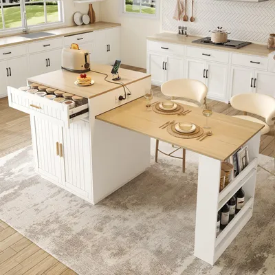 Image de Îlot de cuisine mobile Merax avec prise électrique, table à rallonges de salle à manger, table de bar à roulettes, desserte, meuble de cuisine avec tiroirs, étagère, chariot de cuisine, blanc