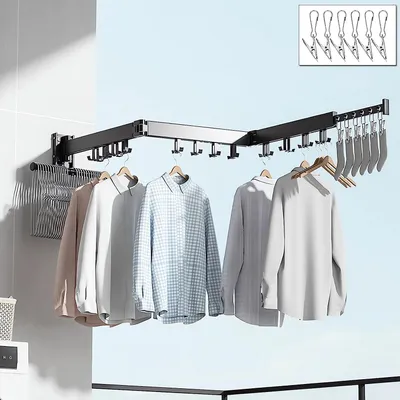 Produktbild von Ausziehbares Wandtrockengestell mit Sockenclips und Kleiderbügeln