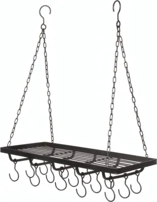 A black wrought iron pot rack with chains for hanging, suspended against a white background.