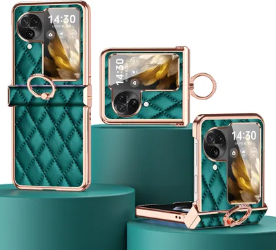 Produktbild von Luxus Leder Muster Galvanik Handyhülle für Oppo Find N3 Flip mit Ringhalterung und Scharnierschutz Grün