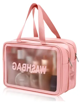 Produktbild von Transparente Kosmetiktasche für Damen, wasserdicht, tragbar, 28 x 12 x 15 cm (Rosa)
