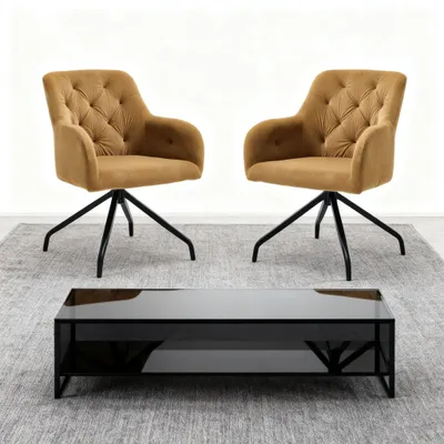 Image de Chaise de salle à manger - Fauteuil pivotant - Fauteuil avec accoudoirs - Chaise de cuisine - Chaise avec accoudoirs - Lot de 2 - Revêtement jaune