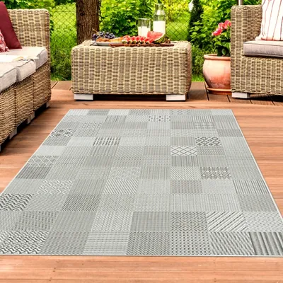 Immagine prodotto di Tappeto da esterno per terrazza e soggiorno, facile da pulire e resistente alle intemperie, motivo a piastrelle, grigio, dimensioni: 160 x 230 cm