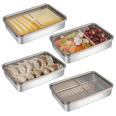 Four stainless steel food storage containers with clear lids, each containing different food items or an oil filter plate.