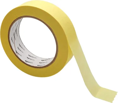 A roll of yellow masking tape is shown against a white background.