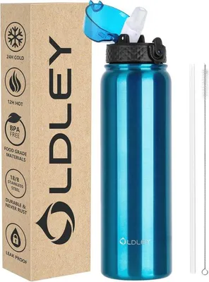 Produktbild von Famanu Wasserflasche 1 Liter - Edelstahl, vakuumisoliert, auslaufsicher, mit Trinkhalm