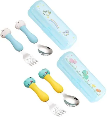 Zdjęcie produktu dla Ibenzoa® Zestaw sztućców dla dzieci (2 szt.) – 2 widelce i 2 łyżeczki ze stali nierdzewnej 304, ergonomiczne uchwyty, zaokrąglone krawędzie, bezpieczne dla niemowląt i dzieci, idealne w podróży