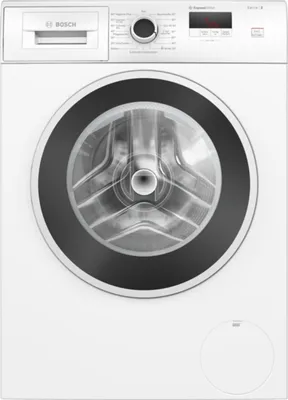 A front-on studio shot of a white Bosch Serie 2 washing machine.