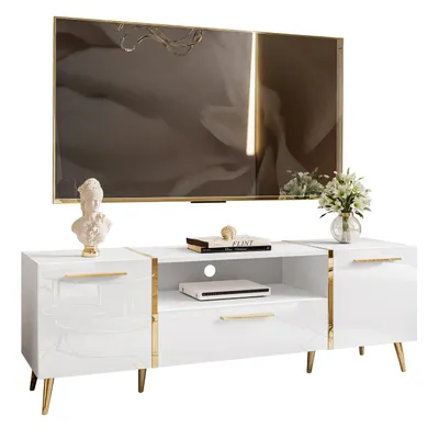 Produktbild von TV-Schrank ONYX auf goldenen Beinen Weiß Hochglanz 158 cm mit Griffe
