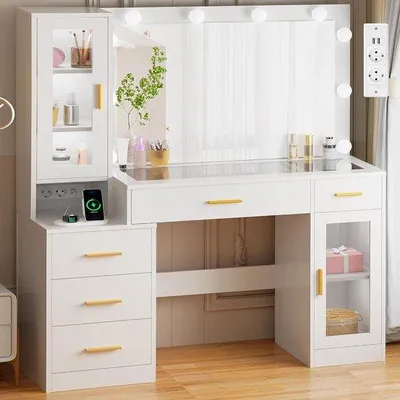 Obrázok produktu pre Kozmetický stolík s osvetlením – Ideálny do spálne – Na nanášanie make-upu – Nastaviteľná intenzita svetla – Šírka 125 cm – Biela farba