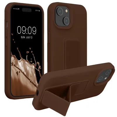 Produktbild von kwmobile Handyhülle für Apple iPhone 15 Hülle - TPU Silikon Case mit Fingerhalter und Stand - Schutzhülle Cover in Chocolate