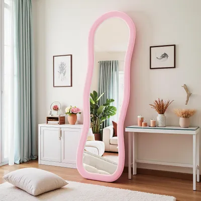 Produktbild von REMZETTA Ganzkörperspiegel 160 x 50 cm, rosa Standspiegel mit gewelltem Flanellrahmen, zum Aufhängen oder Anlehnen, für Schlafzimmer und Flur