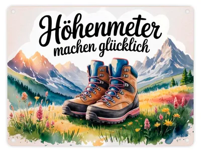 Produktbild von Bergwanderschuhe Metallschild in 15x20 cm Höhenmeter machen glücklich