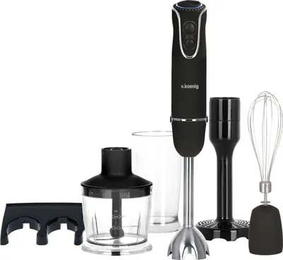 Produktbild von H.Koenig MIX 75 Stabmixer Set 4in1, Edelstahlgehäuse, 750 Watt, 0,5 l Behälter, 6 Geschwindigkeiten, Universalzerkleinerer-Zubehör