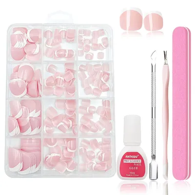 Productafbeelding van Valse nagels, set van 240 stuks, Frans model, kort, wit, roze, acryl, teennagels, geschikt voor zelfdecoratie