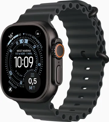 A close-up shot of a black Apple Watch Ultra with a black Ocean band, displaying a custom watch face with navigation and time information.