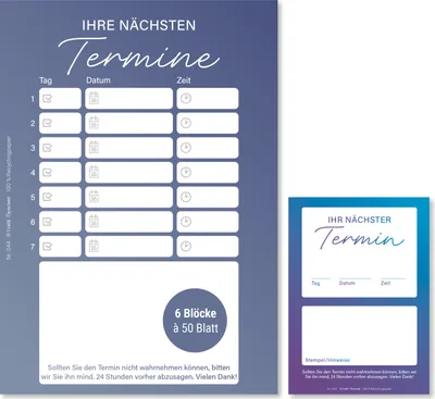 Produktbild von Frank Paperman® | 300 x moderne Terminzettel | 6 x Terminblock à 50 Blatt | blau | 7 Termine pro Zettel | mit Stempelfeld | Stilvolle Terminkarten