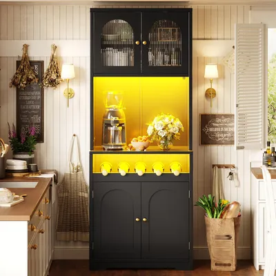 Imagen del producto de Armario buffet alto de 70x38,3x180 cm, color , con puertas de cristal arqueadas, iluminación LED RGB controlable mediante aplicación, estante para vinos y estantes interiores ajustables, ideal para cocina y comedor
