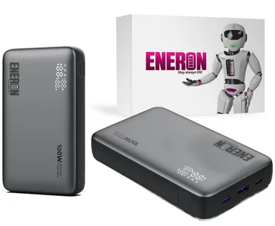 A product shot of a power bank and its packaging.