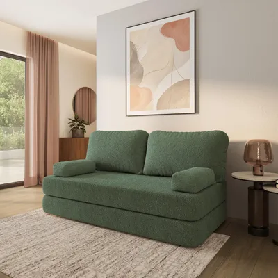 Produktbild von Masseno Schaumstoffsofa NIKSI mit Schlaffunktion, Schlafsofa, Wohnzimmersofa, Couch, Sofa, Bettsofa, Bucle-Stoff – Grün QUELLE 37